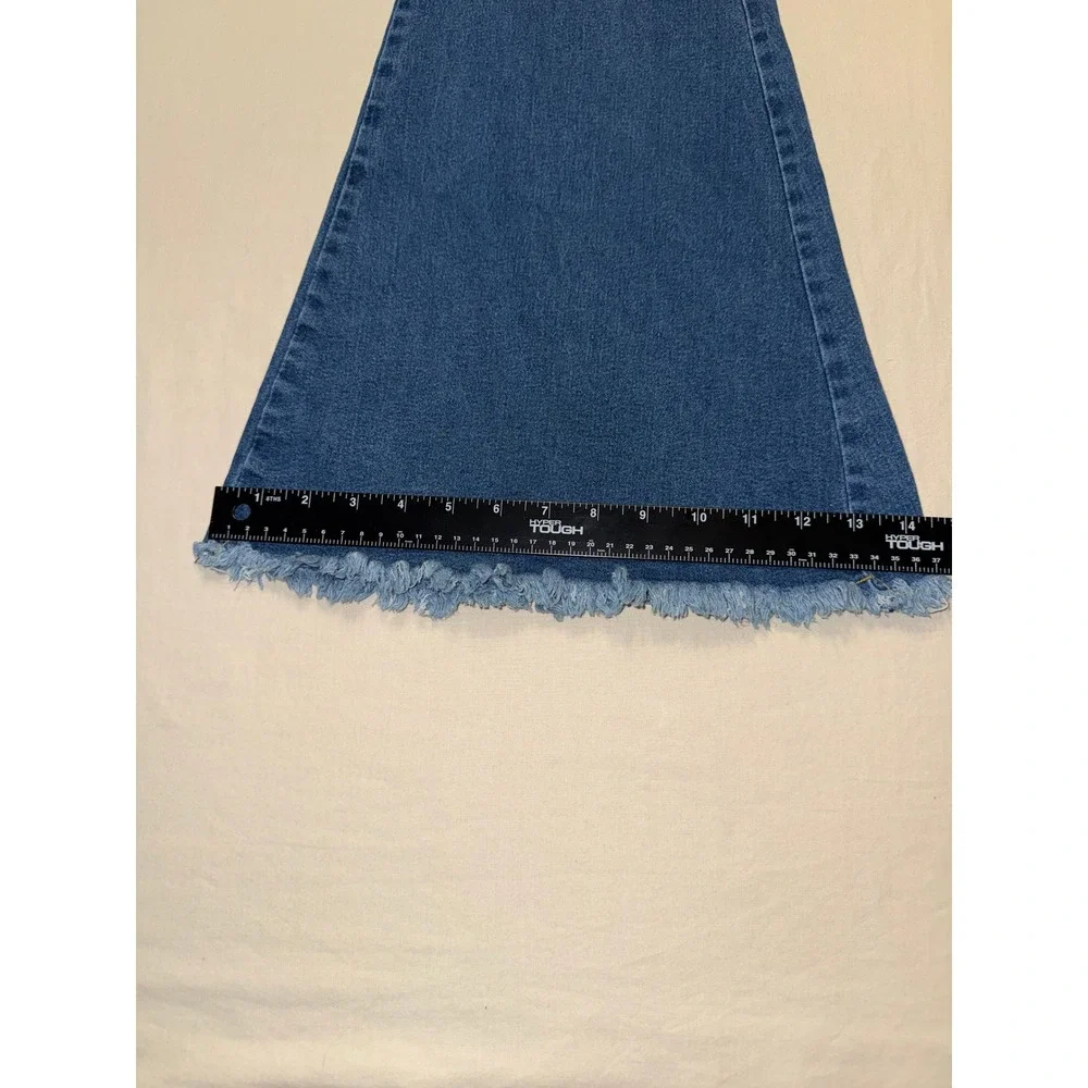 Unbranded Distressed‎ High Rise Flare Jeans Medium Wash Frayed Hem Size L